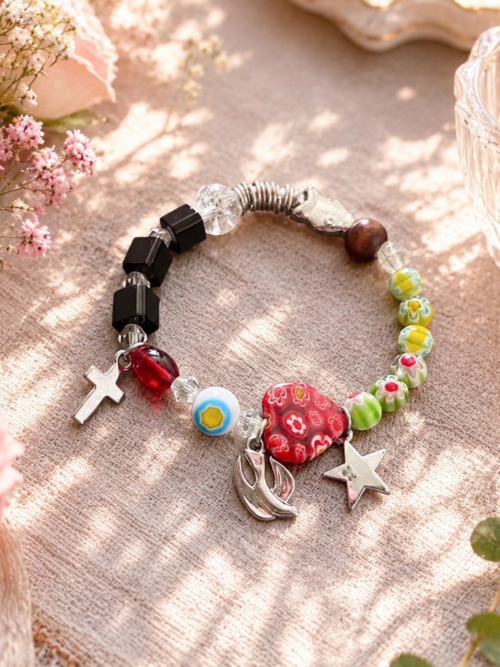 Multi-color Stretchy Beaded Bracelet with Silver charms